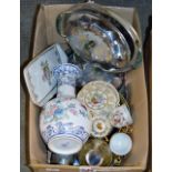 BOX CONTAINING ORIENTAL VASE, BOLS DECANTER, DECORATIVE GOBLET, VARIOUS TEA WARE, LIDDED TUREENS,