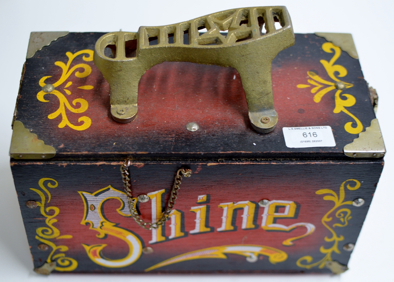 A VINTAGE AMERICAN STYLE PAINTED WOODEN SHOE SHINE BOX