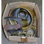 BOX CONTAINING COBBLERS LAST & ASSORTED BRASS WARE, PLANTERS, CANDLE SCONCES ETC