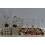 TRAY WITH VARIOUS CUT CRYSTAL WARE, DECANTERS, LARGE VASE, SET OF 6 STEM GLASSES ETC