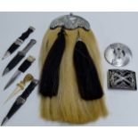 A LOT OF TRADITIONAL SCOTTISH DRESS ACCESSORIES INCLUDING A SPORRAN, 5 VARIOUS SGIAN DUBHS & 2