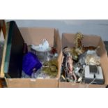 2 BOXES WITH WASH BOARD, FRAMED PICTURE, GLASS WARE, ORIENTAL FIGURE, LARGE BIRD ORNAMENT &