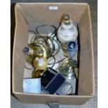 BOX WITH ONYX LAMP, BRASS FINISHED LAMPS, TABLE LIGHTERS, WEDGWOOD PIN DISHES ETC