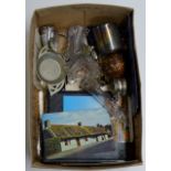 BOX CONTAINING SMALL QUAICH, POSTCARDS, VARIOUS CUTLERY, NOVELTY GLASS DECANTER MODELLED AS A
