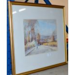 GILT FRAMED WATERCOLOUR - COUNTRY LANDSCAPE WITH FIGURES WALKING DOWN THE ROAD, BY TOM CAMPBELL