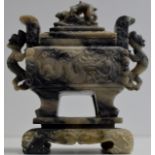 CHINESE SOAPSTONE ARCHAIC STYLE LIDDED CENSER WITH DRAGON DETAIL IN RELIEF