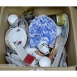 BOX CONTAINING SPODE BLUE & WHITE WARE, VARIOUS TEA WARE, VARIOUS ORNAMENTS, BOXED SET OF CUTLERY,