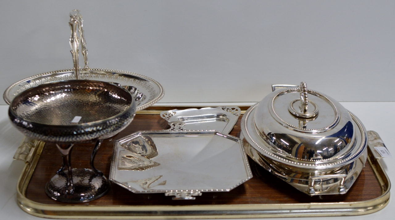 TRAY CONTAINING EPNS TUREEN, DECORATIVE COMPORT, HANDLED BASKET ETC