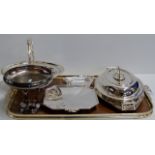 TRAY CONTAINING EPNS TUREEN, DECORATIVE COMPORT, HANDLED BASKET ETC