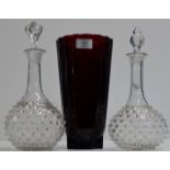COLOURED GLASS VASE & PAIR OF OLD GLASS DECANTERS WITH STOPPERS