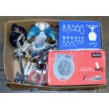 BOX CONTAINING RELIGIOUS FIGURINE ORNAMENTS, CRUCIFIX DISPLAYS, BOXED SET OF GLASSES, FAN HEATER ETC