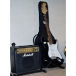 SQUIRE STRAT ELECTRIC GUITAR BY FENDER WITH MARSHALL CARRY CASE & MARSHALL MG15CDR SERIES AMPLIFIER