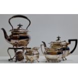 4 PIECE EPNS TEA SERVICE COMPRISING SPIRIT KETTLE ON STAND WITH BURNER, LIDDED TEA POT, SUGAR &