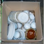 BOX WITH POTTERY BOWLS, QUANTITY VARIOUS TEA WARE, HAND PAINTED PLATES ETC