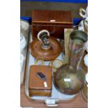 TRAY WITH WOODEN BOXES, NUTCRACKER BOWL, MANTLE CLOCK, EASTERN VASE ETC