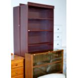 PAIR OF MODERN MAHOGANY FINISHED OPEN BOOKCASES & OAK GLASS FRONTED BOOKCASE