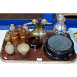 TRAY CONTAINING TROPHY STANDS, NOVELTY DUCK BOOKENDS, VARIOUS SMALL CERAMIC BOTTLES ETC