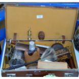 VINTAGE LEATHER CASE CONTAINING MINIATURE MINERS LAMP, OLD MCCALLUM'S WHISKY DECANTER, SMOKERS PIPE,