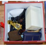 BOX CONTAINING WATCHES, COSTUME JEWELLERY, BEADS, BROOCHES ETC