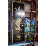 2 SETS OF 4 ORIENTAL LACQUERED PANELS, SET OF 4 DISHES & LACQUERED FAN DISPLAY