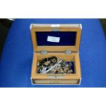 BOX WITH QUANTITY COSTUME JEWELLERY, WRIST WATCH, CHAINS, BEADS ETC