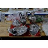 TRAY WITH VARIOUS EPNS WARE, ORNATE HOT WATER POT, CLARET JUG, TEA POTS, HANDLED BASKET ETC