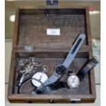 WOODEN BOX WITH STOP WATCH & VARIOUS WRIST WATCHES