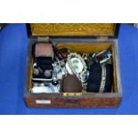 WOODEN BOX WITH QUANTITY COSTUME JEWELLERY, WRIST WATCHES, CUFFLINKS ETC