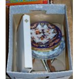 BOX WITH IMARI PLATE, MINTON'S PLATES, ORIENTAL STYLE DISHES, EPNS EPERGNE ETC