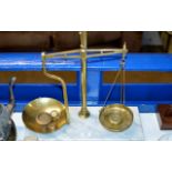 SET OF BRASS BALANCE SCALES ON STAND WITH WEIGHTS