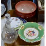 TRAY CONTAINING OLD GLASS DECANTER, HAND PAINTED DISH, BRETBY POTTERY BOWL ETC