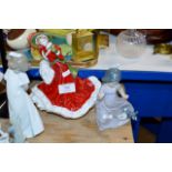 ROYAL DOULTON FIGURINE "CHRISTMAS DAY" -HN4723, NAO FIGURINE ORNAMENT & LARGE COLOURED STEM GLASS