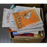 BOX WITH VARIOUS OLD MAGAZINES, PUNCH ETC, VARIOUS ALBUMS OF STAMPS ETC