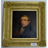 7¼" X 6¼" OLD GILT FRAMED OIL PAINTING ON BOARD - A PORTRAIT OF A YOUNG GENTLEMAN