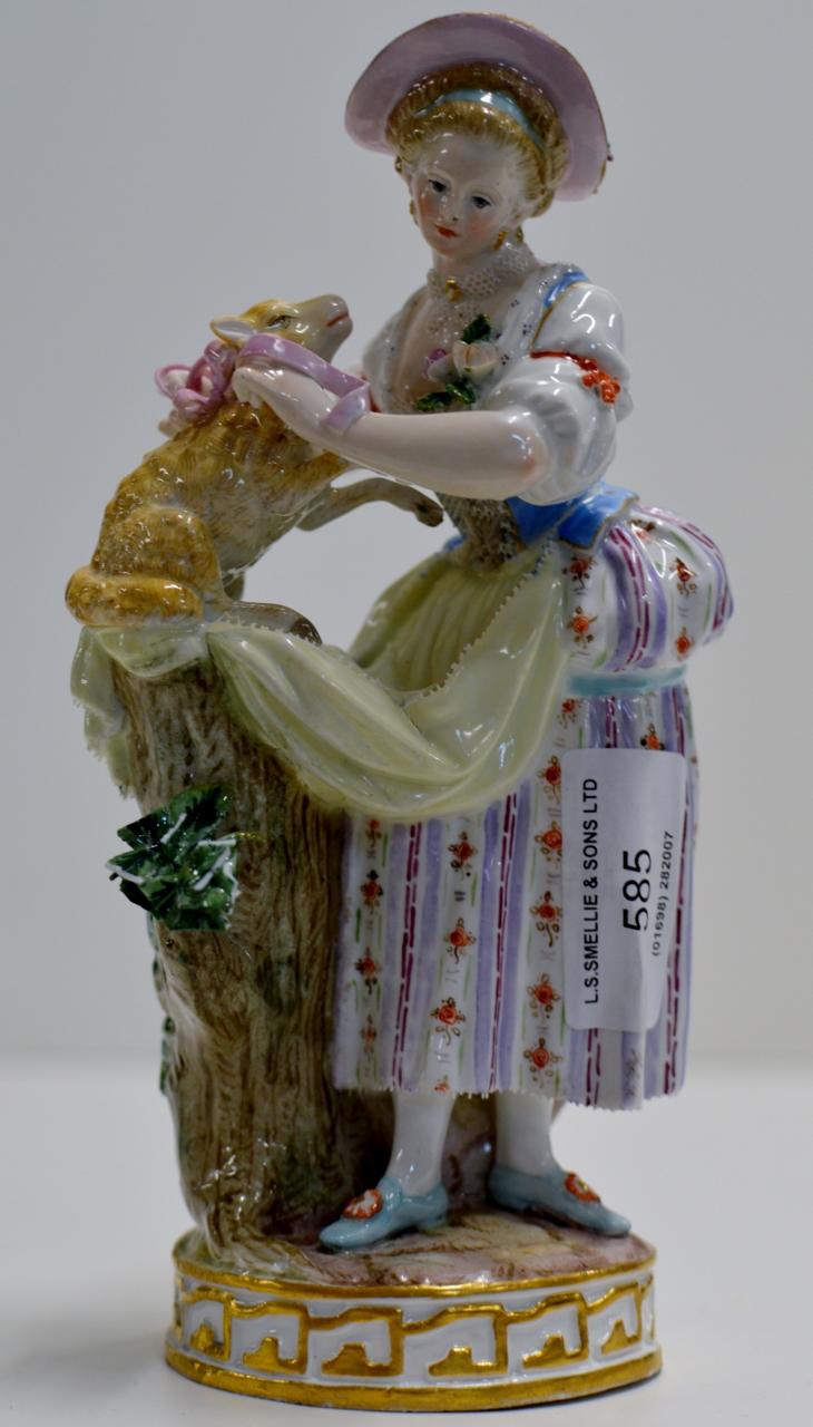 7½" 19TH CENTURY MEISSEN PORCELAIN FIGURINE ORNAMENT "LADY WITH LAMB"