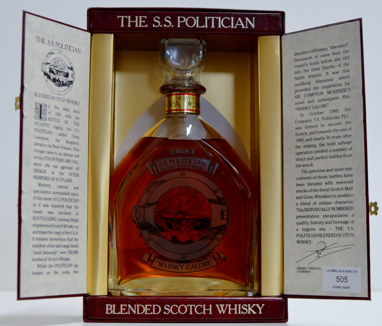 THE SS POLITICIAN WHISKY - A BLENDED WHISKY IN A DECANTER NAMED AFTER THE SHIP THAT SUNK IN WHISKY