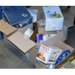 3 BOXES CONTAINING KITCHEN MIXER, VARIOUS TINS, TEA WARE, EPNS WARE, BRASS BELL, OLD RECORDS &