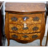 28" FRENCH INLAID MAHOGANY MARQUETRY WORK 3 DRAWER CHEST WITH ORNATE BRASS HANDLES ON CABRIOLE LEGS