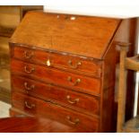 44" GEORGE III INLAID MAHOGANY WRITING BUREAU WITH FITTED INTERIOR OVER 4 DRAWERS, ON BRACKET FEET