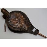 A PAIR OF OLD STUDDED LEATHER & COPPER FINISHED BELLOWS WITH BIRD DECORATION IN RELIEF