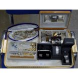 TRAY WITH WRIST WATCHES, VARIOUS COSTUME JEWELLERY, QUANTITY COINAGE ETC