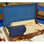 LEATHER CASE WITH VARIOUS MASONIC ITEMS, APRON, BIBLE, GLOVES ETC