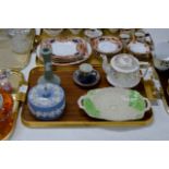 TRAY WITH MIXED CERAMICS, MALING LUSTRE CUP & SAUCER, WEDGWOOD LIDDED BOX, LIDDED TEA POT,