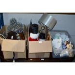 3 BOXES WITH MIXED CERAMICS, COPPER WARE, TABLE LAMPS, WOODEN ORNAMENTS & GENERAL BRIC-A-BRAC