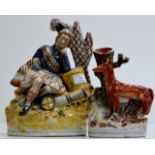 AN OLD 11½" STAFFORDSHIRE POTTERY FIGURE OF A RESTING SCOTTISH MAN, TOGETHER WITH AN OLD