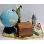 TRAY WITH WORLD GLOBE, COLOURED GLASS VASE, NAO FIGURINE ORNAMENT, CORGI MODEL TRAM ETC