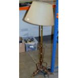 EDWARDIAN COPPER FINISHED TELESCOPIC STANDARD LAMP WITH SKIN SHADE ON TRIPOD BASE