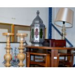 PAIR OF PEDESTALS, DECORATIVE LANTERN, WALL CLOCK & TABLE LAMP