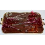 TRAY CONTAINING VARIOUS CRANBERRY GLASS EPERGNE FLUTES & GLASS HOLDERS ETC