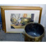 PAIR OF GILT FRAMED PICTURES & BRASS FINISHED COAL BUCKET